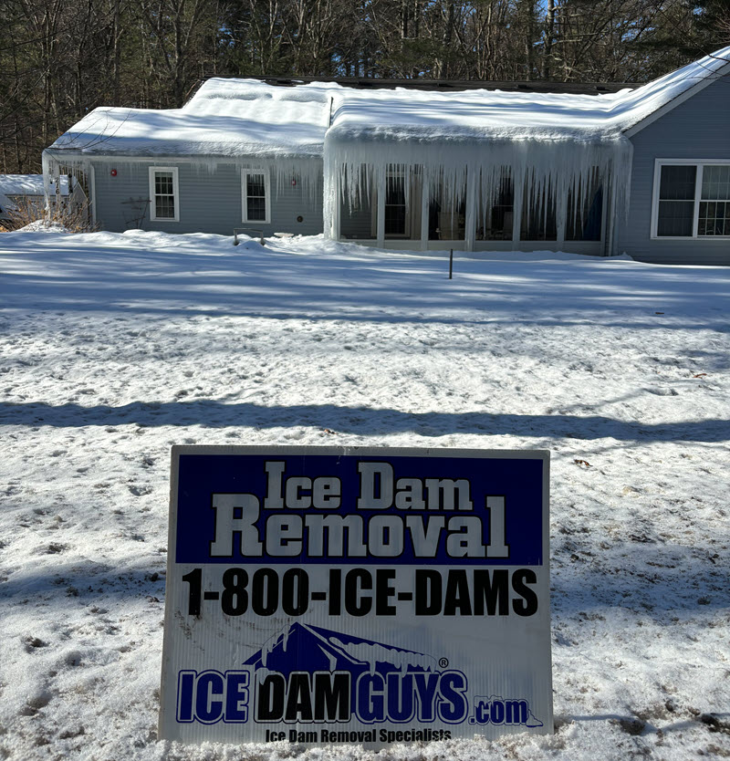 Giant ice dams on roof of home in Bedford, MA - February, 2026