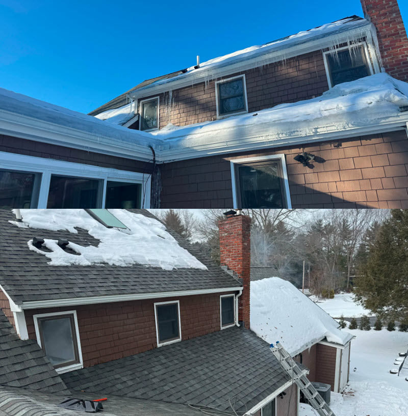 Ice dam removal, before and in-progress, South Easton MA, February 2026