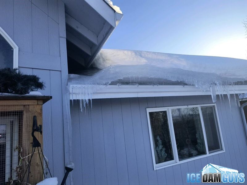 Ice dam on roof in Anchorage, February 2024