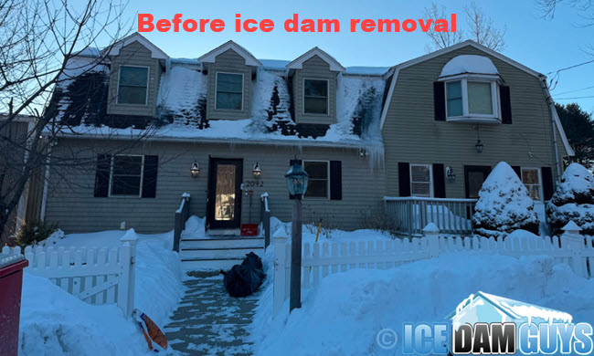 Example of rooftop before ice dam removal (Walpole, MA, February 2026)